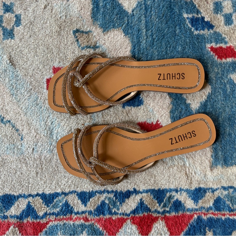 SCHUTZ Tan and Metallic Strappy Slide Sandals